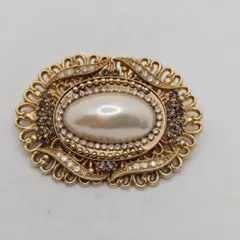 ヴィンテージ ブローチ パール ラインストーン ゴールド 大ぶり 彫り