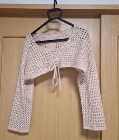 ピンク編み目クロップドカーディガン