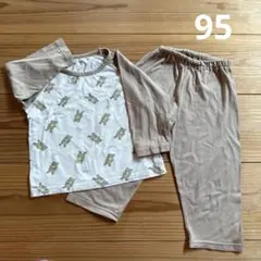 95 ベージュ クマプリント Tシャツ パンツセット　パジャマ　オールシーズン
