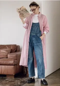美品 朱×白 ストライプ Aライン シャツワンピース