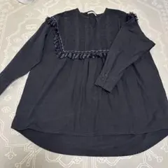 KBF 刺繍 フリンジ 長袖ブラウス ブラック