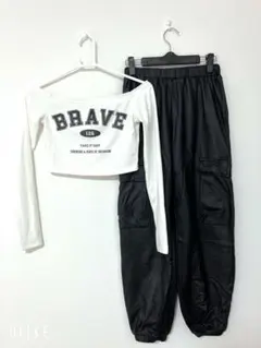 キッズ オフショル長袖トップス＆フェイクレザーパンツ セット　150 ダンス衣装