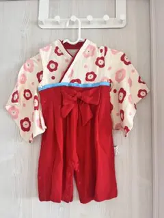 赤と白の花柄 着物スタイルロンパース 90cm