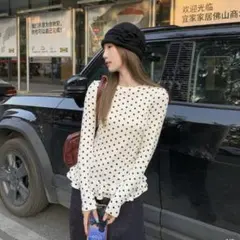 SHEIN ドット柄 フリルヘム 長袖カットソーのサムネイル