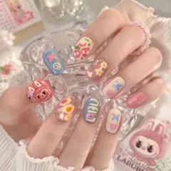 夏色多巴胺 Labubu ネイルチップ 可愛い 韓国風