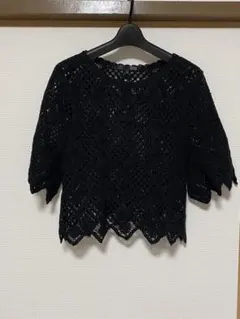 【サマーセール】　透かし編みレース ベスト 重ね着 ニット トップス 黒のサムネイル