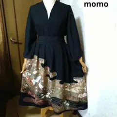 正絹 黒留袖 ウエストリボン付きタック入りワンピース♪着物リメイク