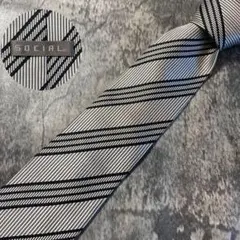 AN309 SOCIAL シルバー ネイビー シルク ネクタイ