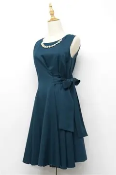 N411/美品 アサクラ ノースリーブワンピース パール リボン 38 青緑