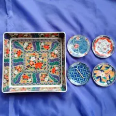 有田焼、南山窯、角鉢、絵変わり小皿4枚、セット