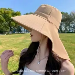 日よけハット ベージュ UVカット 紐付き つば広 ネックガード 折りたたみ可