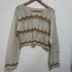 クリーム色レース編み長袖クロップドニット
