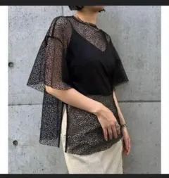 美品 LE CIEL BLEUメッシュレースビッグトップス ブラック 36のサムネイル