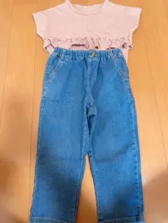 フリル付きピンクトップスとデニムパンツセット 100cm