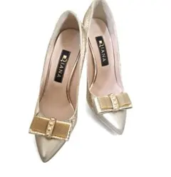 美品　DIANA 　ダイアナ　ゴールド 　リボン　ポインテッドトゥパンプス