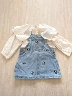 スヌーピー刺繍デニムジャンバースカート　ブラウス　2点セット　80　襟付き