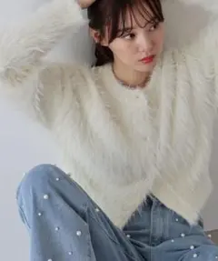 BLUEEAST シャギーニットショートカーディガン（アイボリー）