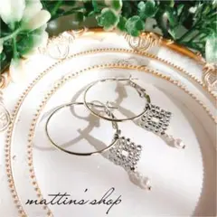 透かしダイヤ×パールフープピアス