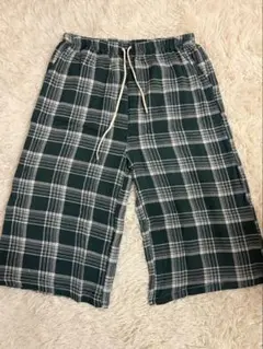 綿メンズチェック柄 ハーフパンツ グリーン系 ウエストゴム