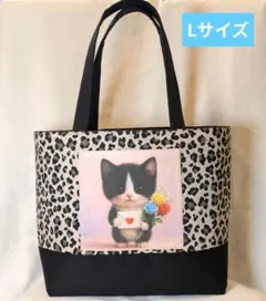 ねこパネルトートバッグ 両面パネル レオパード柄 肩掛け A4収納可