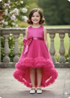 ピンクのリボンポンポンフレアドレス 130cm