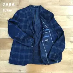 ZARA　ネイビー チェック 肘パッチ付きテーラードジャケット