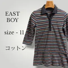 【C】イーストボーイ Vネック7分袖カットソー ハーフボタン ボーダー ロング丈