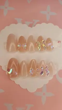 リボン付きピンク系ネイルチップ