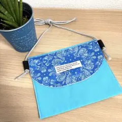ハンドメイド　サコッシュ　ペイズリー柄　ブルー