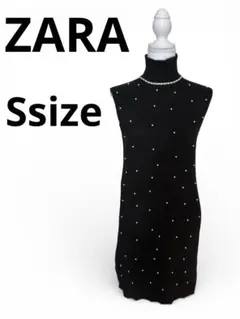 ZARA ブラック ビジュー ニットノースリーブワンピース S パール