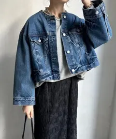 ノーカラー デニムジャケット