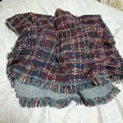 ⑰大きなショールウール混紡 ネイビー系チェック マフラー