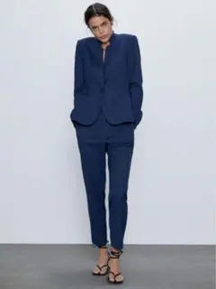 (極美品)ザラ　洗える　パンツスーツセットアップ　チェック柄　ストレッチ　紺