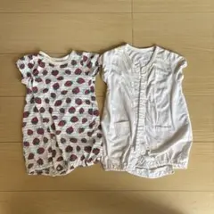 いちご柄と猫ポケットのロンパース2点セット