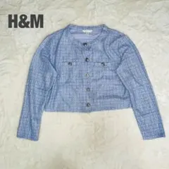 ジャケット ノーカラージャケット クロップド丈　水色 ツイードカーディガン L