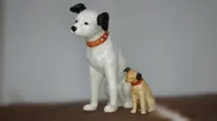 ビクター犬陶器製置物ニッパー犬フィギュア大小 白黒 茶二頭のサムネイル