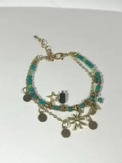 ターコイズ風ビーズ×ゴールドチャーム ブレスレット 星月 アクセサリー