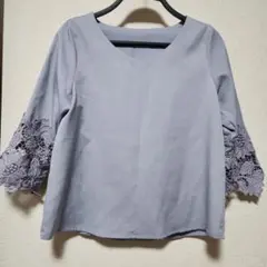 GRL グレー Vネック 五分袖カットソー レース装飾　Мサイズ