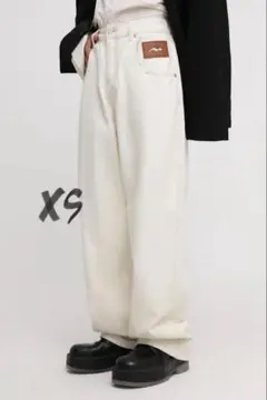ワイドストレートシルエット ハイウエストデニムパンツ XS オフホワイト