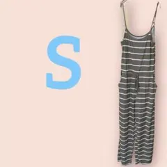 美品✨ストライプ柄オールインワン【S】オリーブグリーン