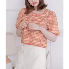 オレンジスクエアギンガムチェック半袖Tシャツカットソー
