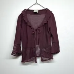 シビラ　透かし編み　半端袖カーディガン　ボルドー　羽織り　フリル　綿100% M