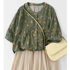 清新 プリント 着痩せ フロントボタン 花柄 ブラウス 七分袖 大きいサイズ