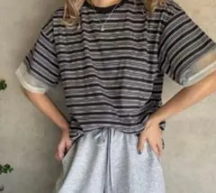 しまむら　おなつ　マルチボーダー　Tシャツ　ダークグレー