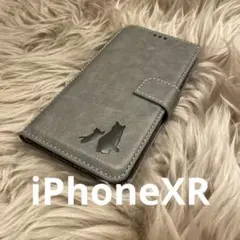 iPhoneXR 手帳型スマホケース　本革　グレー　猫　仔猫　シンプル