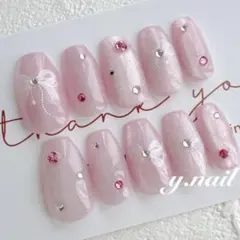 ネイルチップ　ガーリー　リボン　ピンク