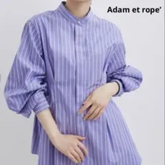 ADAM ET ROPE ストライプバンドカラーシャツ　コットン◆サックスブルー