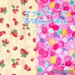 (特価69)ダブルガーゼ　いちご　ちょうちょリボン　各50×50