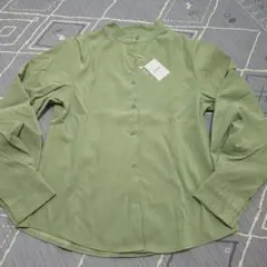 a グリーン スタンドカラー 長袖ブラウス ボリューム袖 XL