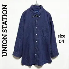 ユニオンステーション　ボタンダウンシャツ 7分袖　リネン小ドット柄　ネイビー